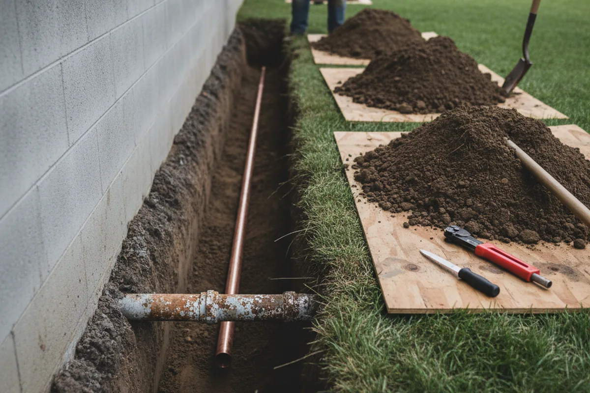 Excavated water line trench during Water Softener Installation in Old Orchard Beach